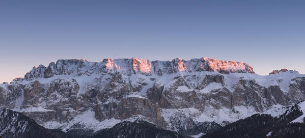 A winter sunset on the Sella Group in Val Gardena, Bolzano province, South Tyrol, Trentino Alto Adige, Italy