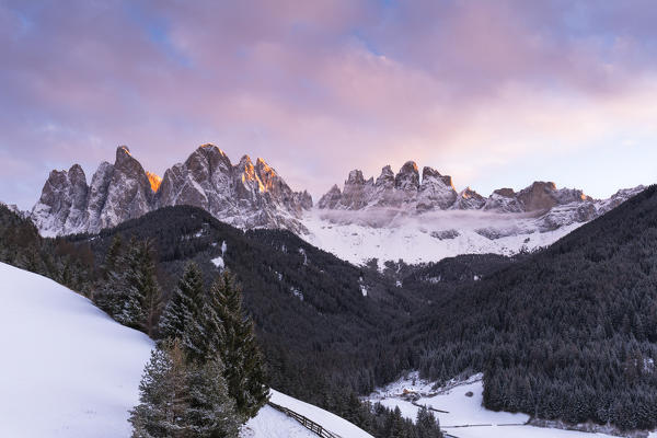 Sunset on the Geisler Group in Villnössertal, Bolzano province, South Tyrol, Trentino Alto Adige, Italy