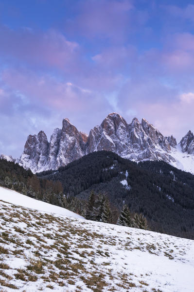 Sunset on the Geisler Group in Villnössertal, Bolzano province, South Tyrol, Trentino Alto Adige, Italy