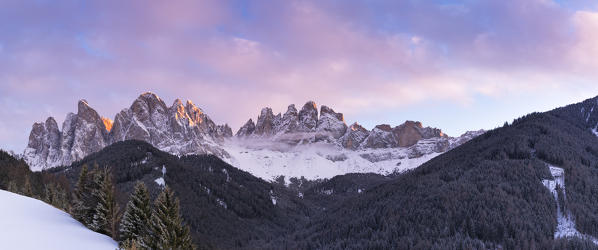 Sunset on the Geisler Group in Villnössertal, Bolzano province, South Tyrol, Trentino Alto Adige, Italy