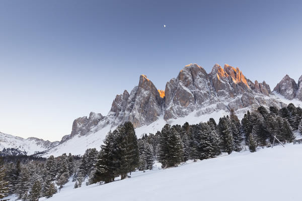 Sunset on the Geisler Group in Villnössertal, Bolzano province, South Tyrol, Trentino Alto Adige, Italy