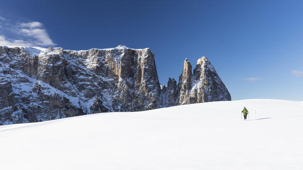 a hiker is walking on Seiser Alm with snowshoes on the fresh snow with the Schlern in the background, Bolzano province, South Tyrol, Trentino Alto Adige, Italy