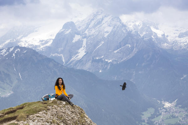 a climber is sitting on a peak looking at the alpine landscape while an eagle is flying around her and with the Marmolada in the background, Trento province, Trentino, Italy