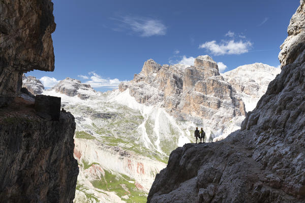 a climber along the via ferrata Lipella on the Tofana di Rozes, Belluno province, Veneto, Italy
