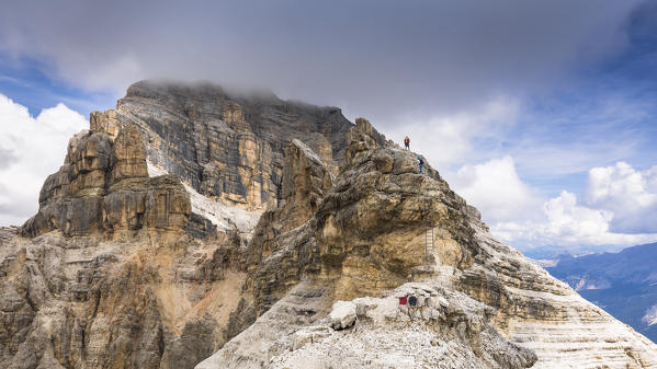 A climber along the via ferrata Gianni Aglio on the Tofana di Mezzo, Belluno province, Veneto, Italy