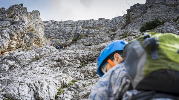 Climbers along the new via ferrata Fusetti on the Sass de Stria, Belluno province, Veneto, Italy