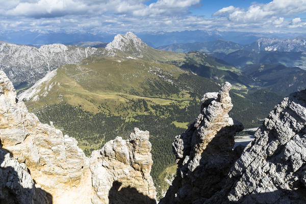 a view of the Peitlerkofler from the peak of the Piz Duleda in Val Gardena, Bolzano province, South Tyrol, Trentino Alto Adige, Italy