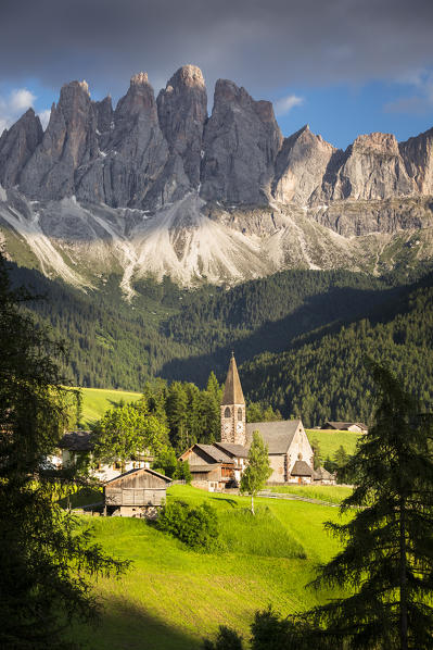 the famous church in S. Maddalena in Villnöss with the Geisler in the background, Bolzano province, south Tyrol, Trentino alto Adige, Italy