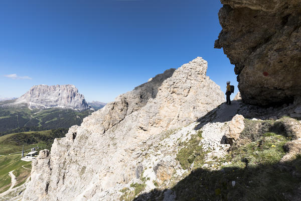a climber along the via ferrata Gran Cir, Bolzano province, South Tyrol, Trentino Alto Adige, Italy