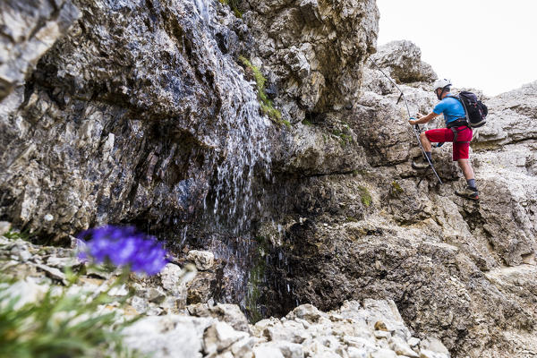 A climber along the via ferrata Kaiserjäger close to an alpine waterfall on mount Lagazuoi, Bolzano province, South Tyrol, Trentino alto Adige, Italy