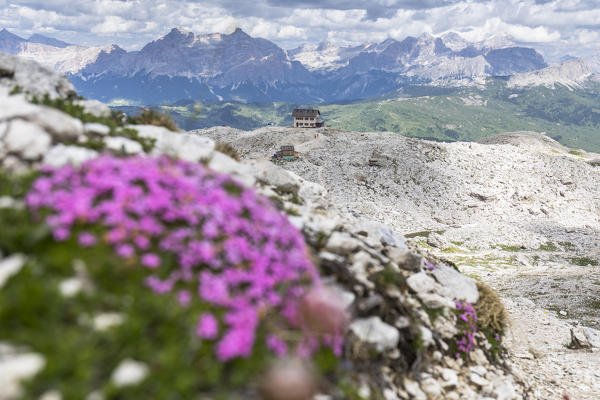 A view of Franz Kostner alpine Hut on the Sella Group, Bolzano province, South Tyrol, Trentino Alto Adige, Italy