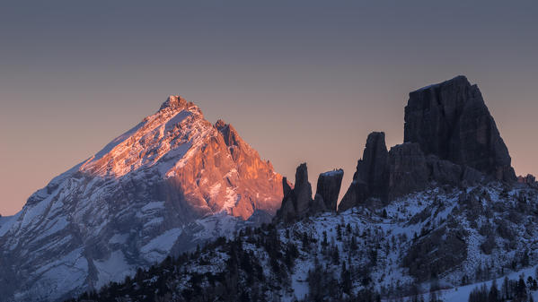 Sunset over the Monte Antelao with the Cinque Torri in shadow, Belluno province, Veneto, Italy