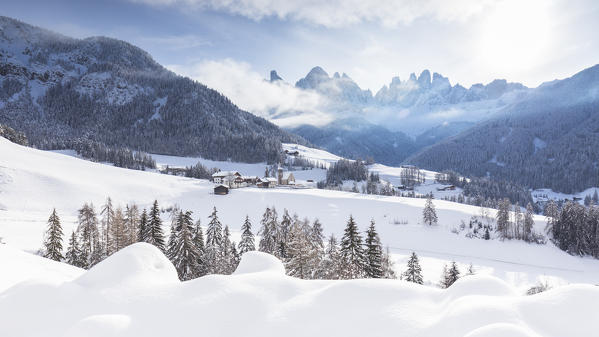 Winter landscape in Villnöss with Geisler Group in the background, Bolzano province, South Tyrol, Trentino Alto Adige, Italy
