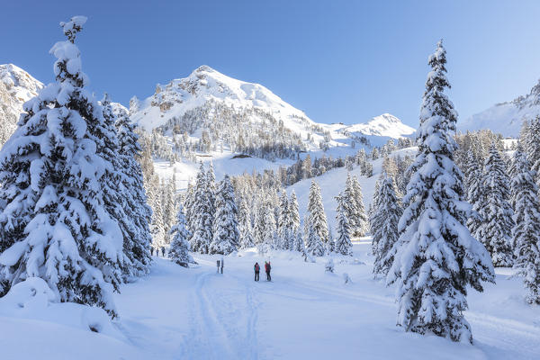 Some people along a winter alpine path in Villnöss with Zendleserkofel (col di poma) in the background, Bolzano province, South Tyrol, Trentino Alto Adige, Italy