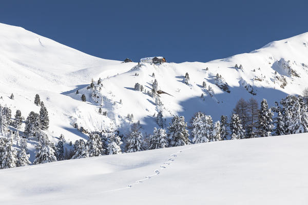 A winter view of the Schlütern Hütte (Rifugio Genova) in Villnöss, Bolzano province, South Tyrol, Trentino Alto Adige, Italy,