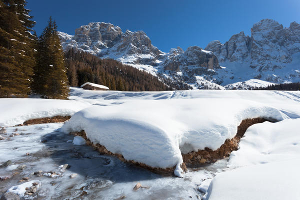 a winter view of Venegia Valley (Val Venegia) with Pale di San Martino in the background, Trento province, Trentino Alto Adige, Italy, Europe