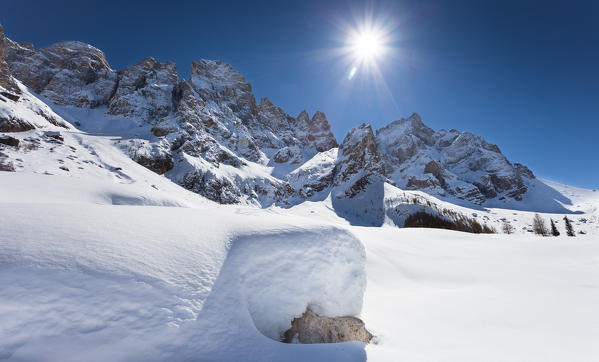 a winter view of Venegia Valley (Val Venegia with Pale di San Martino in the background, Trento Province, Trentino Alto Adige, Italy, Europe