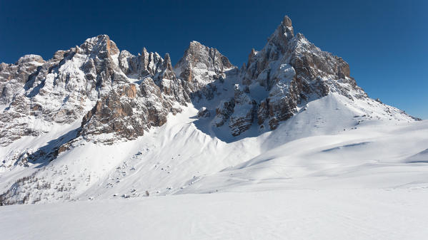 a winter view of the Cimon della Pala pick from the Costazza pass, Pale di San Martino, Trento province, Trentino, Italy, Europe