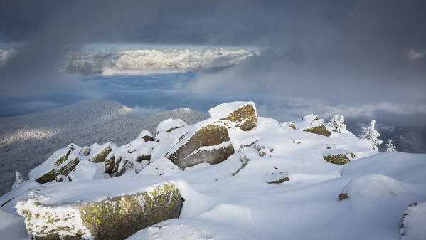 a suggestive landscape from the peak of Rasciesa Mount (Raschötz) in an early morning after a snowfall, Val Gardena, Bolzano province, South Tyrol, Trentino Alto Adige, Italy, Europe