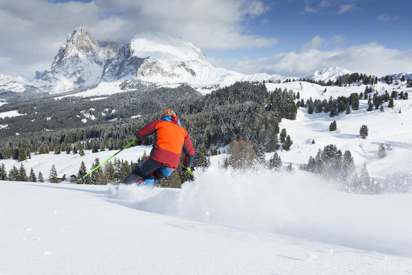 winter view of the Seiser Alm with a skier in a off-piste, Bolzano province, South Tyrol, Trentino Alto Adige, Italy, Europe