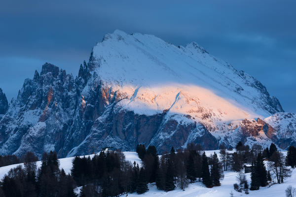 a winter view of the Plattkofel (Sassopiatto) during a beautiful sunset, Bolzano province, South Tyrol, Trentino Alto Adige, Italy, Europe