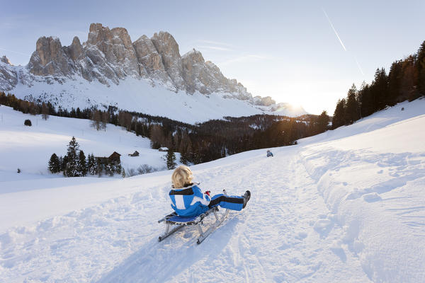 a kid is going down with a sledding during a beautiful sunset in Villnoss with the Geisler in the background, Bolzano province, South Tyrol, Trentino Alto Adige, Italy, Europe