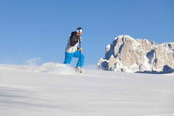 a model is running with the snowshoes in the fresh snow and with the Langkofel Peak in the background, Seiser Alm, Bolzano province, South Tyrol, Trentino Alto Adige, Italy, Europe