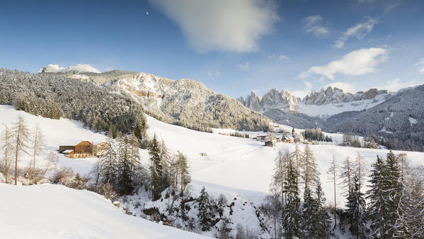 a beautiful winter landscape of Villnoss with the Geisler in the background, Bolzano province, South Tyrol, Trentino Alto Adige, Italy, Europe