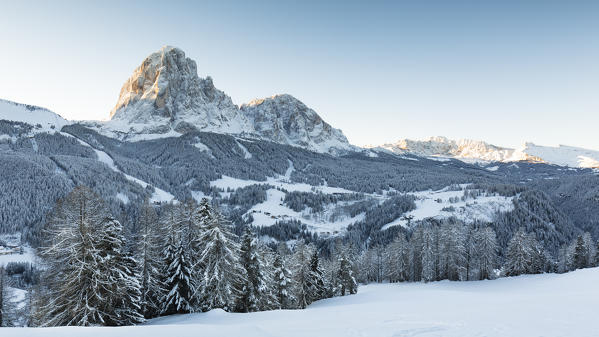 a winter sunrise in Val Gardena with the Langkofel Group in the background after a early snowfall, Bolzano province, South Tyrol, Trentino Alto Adige, Italy, Europe