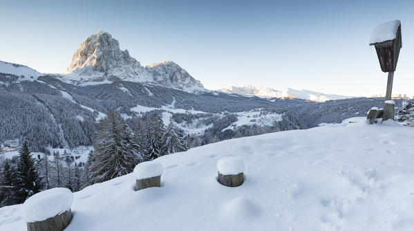 a winter sunrise in Val Gardena with the Langkofel Group in the background after a early snowfall, Bolzano province, South Tyrol, Trentino Alto Adige, Italy, Europe