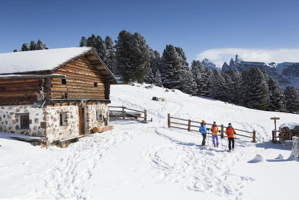 a group of hikers during a snowshoe trekking in Val Gardena, Bolzano province, South Tyrol, Trentino Alto Adige, Italy, Europe,