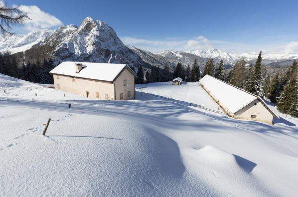 a winter view of Malga Fiorentina with Monte Civetta in the background