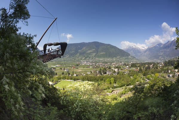 a view of the modern panoramic terrace built by Matteo Thun in the Trauttmansdorff Garden in Meran, Bolzano province, South Tyrol, Trentino Alto Adige, Italy, Europe
