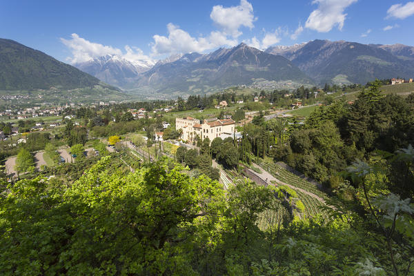 a view of the Trauttmansdorff Castle surrounded by the famous botanic garden in Meran, Bolzano province, South Tyrol, Trentino Alto Adige, Italy, Europe, 