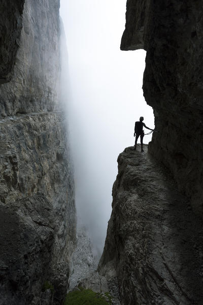 a suggestive view of the famous via ferrata Bocchette (Bocchette klettersteig) in the Brenta Group, Trento province, Trentino Alto Adige, Italy, Europe,