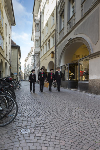 a view of a street in the center of Bolzano, with her typical arcade, Bolzano province, South Tyrol, Trentino Alto Adige, Italy, Europe