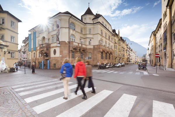 a view of the Old Town of Bolzano with the typical Austro Hungarian architecture, Bolzano province, South Tyrol, Trentino Alto Adige, Italy, Europe