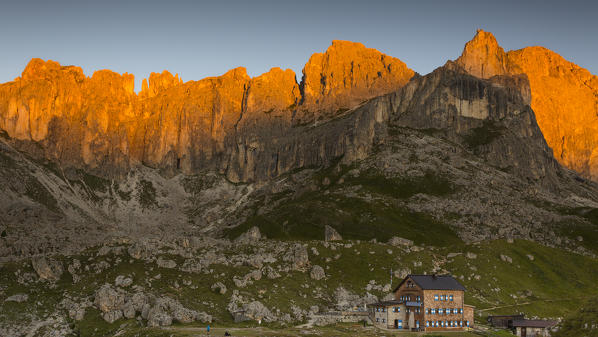 a suggestive sunrise on the Rosengarten Group , Trento province, Trentino Alto Adige, Italy