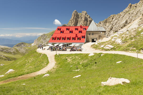 a view of the Tierser Alpl Hut on the Seiser Alm, (Alpe di Siusi, Bolzano province, South Tyrol, Trentino Alto Adige, Italy