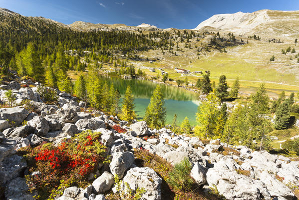 a view of Fanes Lake into the Fanes, Sennes, Prags Natural Park, Bolzano province, South Tyrol, Trentino Alto Adige, Italy