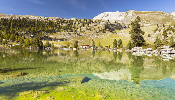 a view of Fanes Lake into the Fanes, Sennes, Prags Natural Park, Bolzano province, South Tyrol, Trentino Alto Adige, Italy