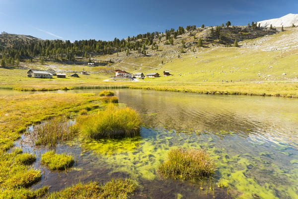 a view of Lavarella Hut surrounded by the wild nature of the Fanes, Sennes, Prags Natural Park, Bolzano province, South Tyrol, Trentino Alto Adige, Italy
