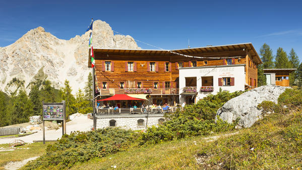 a view of the Fanes Hut in a sunny summer day, Bolzano province, South Tyrol, Trentino Alto Adige, Italy