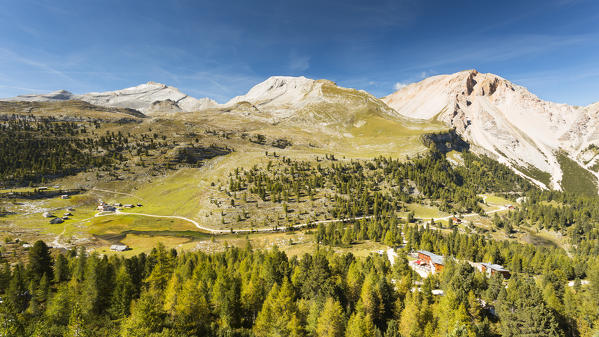 a view of the Fanes, Sennes, Prags Natural Park with the Lavarella and Fanes Huts in the background, Bolzano province, South Tyrol, Trentino Alto Adige, Italy