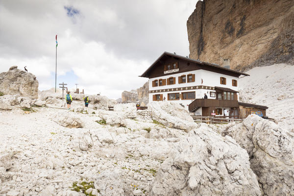 a view of the Giussani Hut, under the vertical walls of the Tofanas, Belluno province, Veneto, Italy