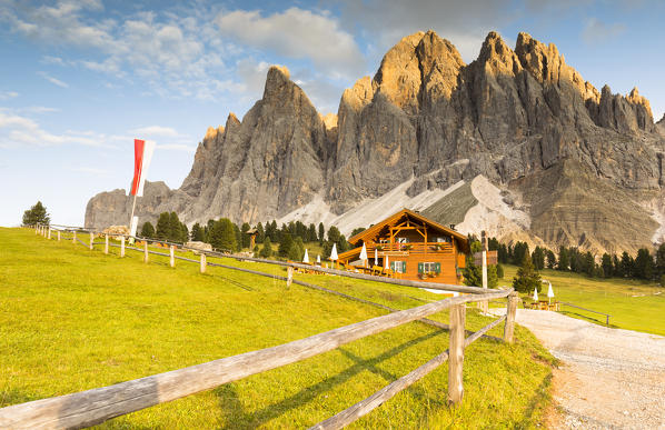 a view of the Gschnagenhardtalm (Malga Casnago) with Geisler Group in the background, Villnössertal, Bolzano province, South Tyrol, Trentino Alto Adige, Italy