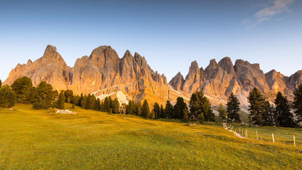 a beautiful sunset on the Geisler Group, Villnössertal, Bolzano province, South Tyrol, Trentino Alto Adige, Italy, 