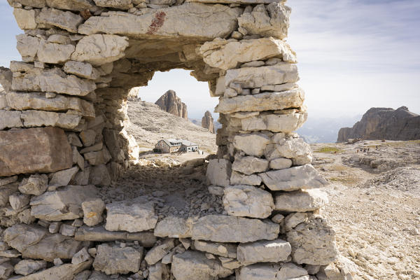 a suggestive view of the Boè Hut on the Sella Group, Bolzano province, South Tyrol, Trentino Alto Adige, Italy
