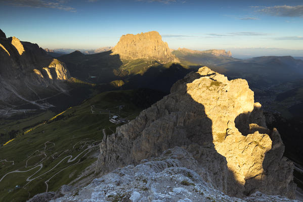 a beautiful sunrise on the Cir Peak on the Gardena Pass, Val Gardena, Bolzano province, South Tyrol, Trentino Alto Adige, Italy