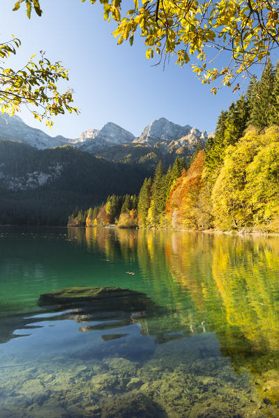 an autumnal view of the Tovel Lake (Lago di Tovel)with the Brenta Group in the background, Trento province, Trentino Alto Adige, Italy